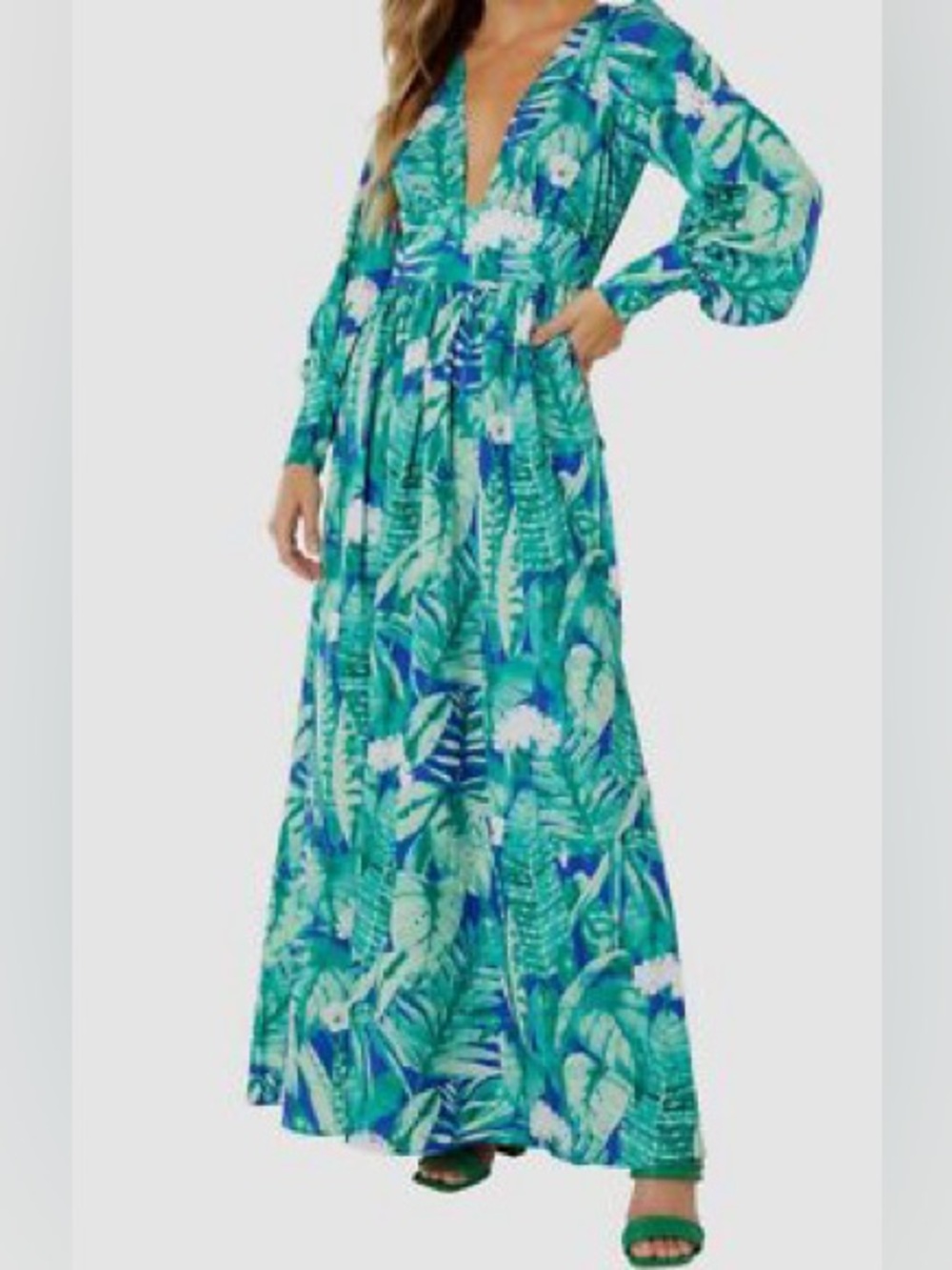 Tropical Plunging V-Neck Maxi Dress in Teal Green